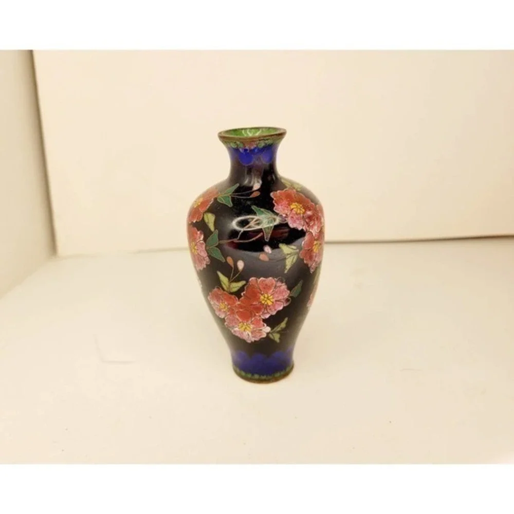 HP Antique Chinese Blue Pink Floral Chrysanthemums Butterflies‎ Cloisonné Vase